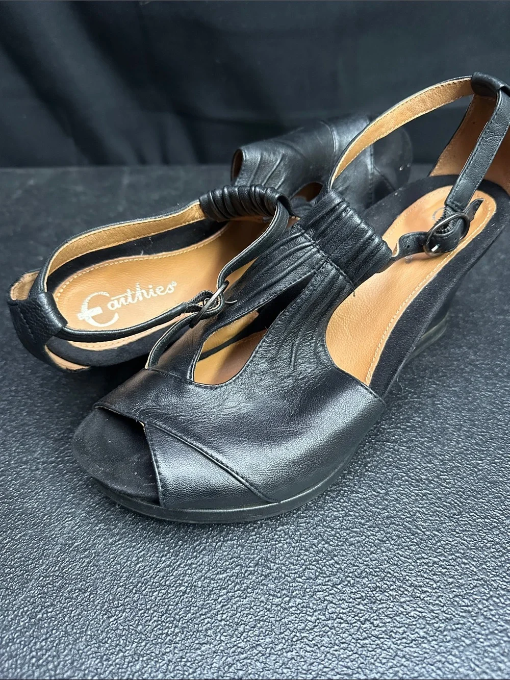 Earthies Black Leather Peep-Toe Slingback Wedges “Seria” 9B